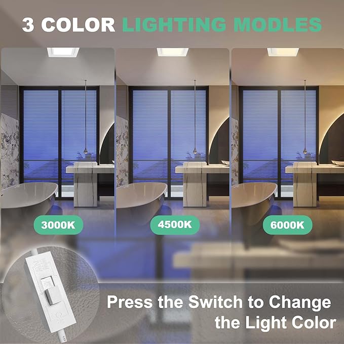 Bathroom Exhaust Fan with Light,11.8 in Panel,12W Square LED,141 CFM,0.7 Sones,110V 45W Quiet Bathroom Ventilation Exhaust Fan for Shower/Restroom/Office/Home (3 Adjustable Colors LED) - Image 3