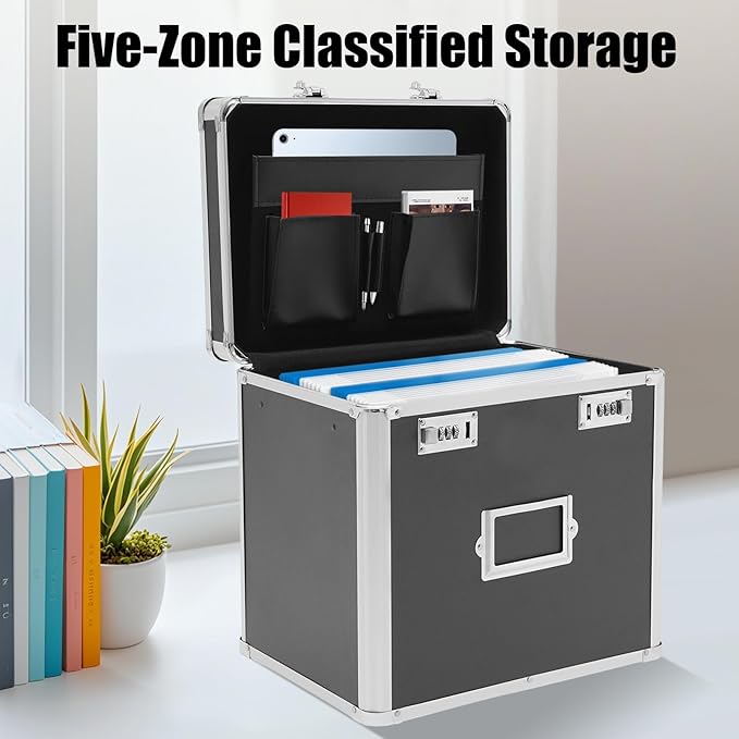 Aluminum Alloy File Organizer Box, 13.8x10x13.4in Portable File Box with Dual 3-Digit Combination Locks - for Letters, Documents, Office Supplies - Image 3