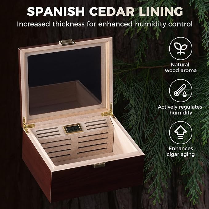 ProCase Wood Cigar Humidor Box, Wooden Desktop Cigar Storage Case, with Humidifier，Cedar Lining, Glass Top, Digital Hygrometer, Gift for Men Dad Boyfriend, Father's Day - Image 6