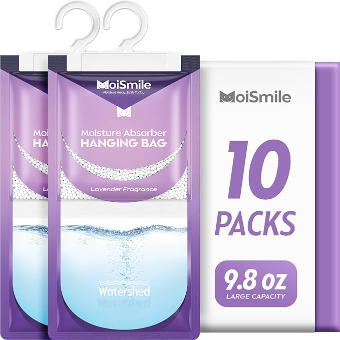 Moisture Absorbers 10 Pack Lavender Fragrance, Hanging Closet Dehumidifier Bags, Humidity Absorber, Compact Eliminates Odors Humidity Packs for Car, Bathroom, Bedroom, Basement, 9.8OZ by MoistureAbsorbers