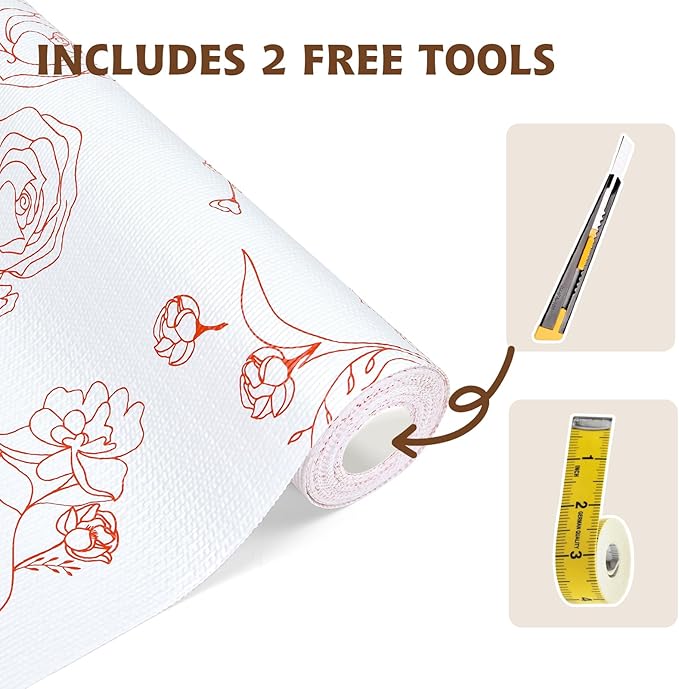 Shelf Liners for Kitchen Cabinets 12in x 20FT Non Adhesive Drawer Liner Red and White Floral Thickened Shelf Liner Paper Strong Non-Slip Easy to Clean for Tool Box with Knife and Tape Measure - Image 6