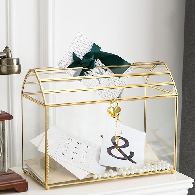 Wedding Card Box with Slot, 12.2'' Large Glass Card Boxes for Reception, Gold Cards Holder, Clear Decorative Storage Box with Lock for Baby Shower, Birthday Party, Christmas, Bridal Shower - Image 7