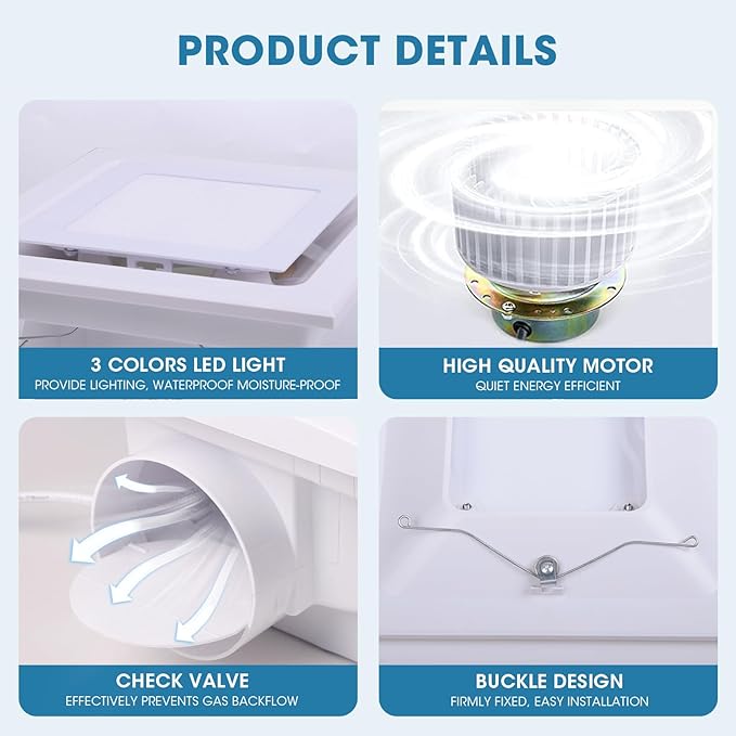 Bathroom Exhaust Fan with Light, Ultra-Quiet 100 CFM Ventilation & 3CCT LED Light, Ceiling Mount Bath Fan for Family Bathroom and Home Gym - Image 4