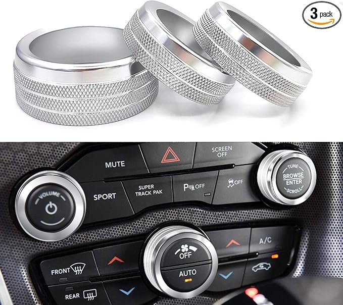 Auprite Climate Control Knob Covers for Challenger Accessories 2015-2023 2024, for Dodge Charger 2015-2023 2024, for Dodge Chrysler 300/300s 2015-2024,3Pcs Kit (Silver) by Auprite