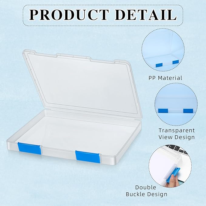 PerKoop 6 Pcs Clear Paper Storage Box A4 Plastic File Box Document Paper Organizer Storage Board Game Project Cases Containers with Buckle for Craft, Magazine(12.4 x 9.84 x 1.18 Inches,Blue) - Image 3