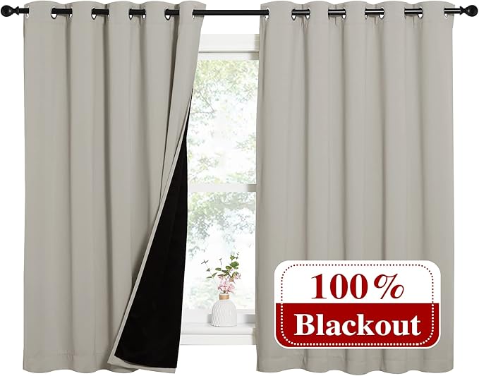NICETOWN Natural 100% Blackout Lined Curtains, 2 Thick Layers Completely Blackout Window Treatment Thermal Insulated Drapes for Kitchen/Bedroom (1 Pair, 62 inches Width x 63 inches Length Each Panel) - Image 2