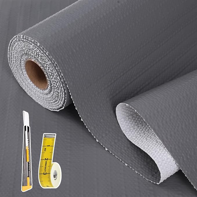Drawer and Shelf Liner for Kitchen Cabinet: 23in X 90 Ft Non Slip Waterproof Shelf Paper Non Adhesive Refrigerator Liners Gray Easy Liners for Bathroom Cupboard with Knife Tape Measure by Kimhan