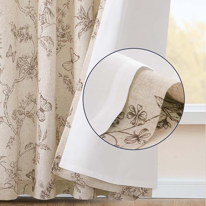 jinchan Floral Curtains Lined Linen Blend Curtain for Living Room 63 Inch Length Taupe Farmhouse Flower Patterned Curtain French Country Curtains Drapes Back Tab Rod Pocket 2 Panels - Image 3