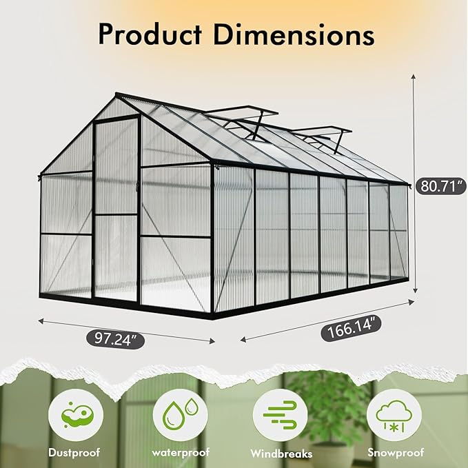 8×14FT Green Houses for Outside, Walk in Greenhouse for Outdoors and Garden Planting, Large Greenhouse Kit with Electronic Thermometers, Withstands Strong Wind or Snow to Protect Vegetables or Plants - Image 8