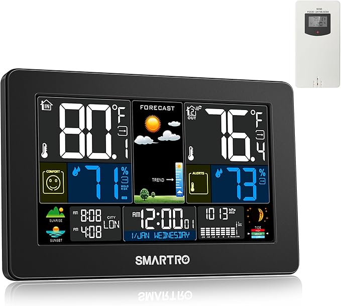 SMARTRO Weather Station Wireless Indoor Outdoor Thermometer for Home, Large Color Display Digital Clock, Forecast with Barometer, Ambient Temperature Humidity Monitor with Moon Phase by SMARTRO