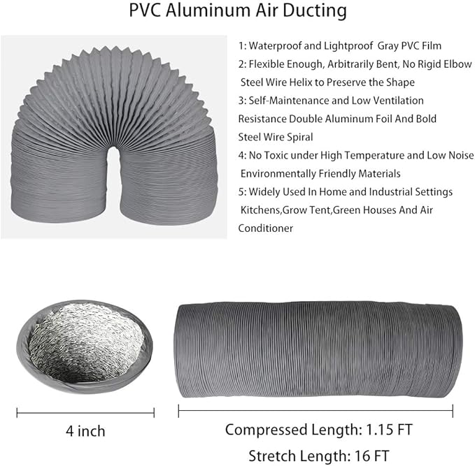 4 Inch 16FT Air Duct, Aluminum Clothing Dryer Vent Hose,Gray PVC Lightproof Exhaust Hose for Fan Filter and Grow Tent, 2 Clamps Include… - Image 2