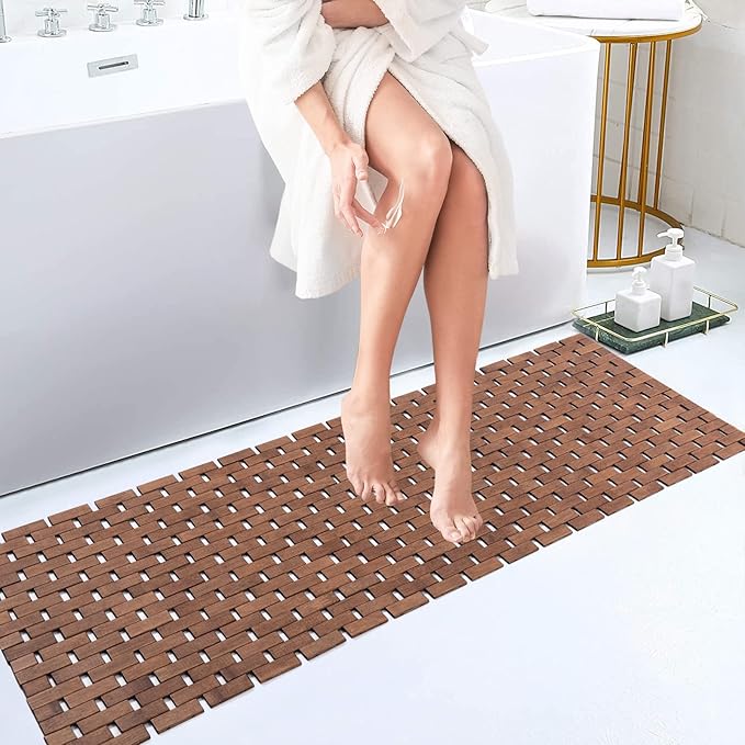 Bath Mat Bathroom Runner Long Large Rugs Floor Wood Shower Bathtub Waterproof Non Slip Accessories 16x48 Inch Easy to Clean, Walnut, 1 pc by Fovlaurs