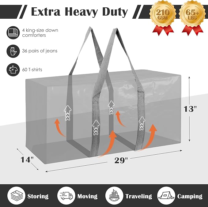 6 Pack Extra Heavy Duty Large Moving Bags with Reinforced Zipper & Wide Handles, Waterproof Storage Bins for Clothes, College Dorm, Travel, and Home Organization, Gray - Image 2