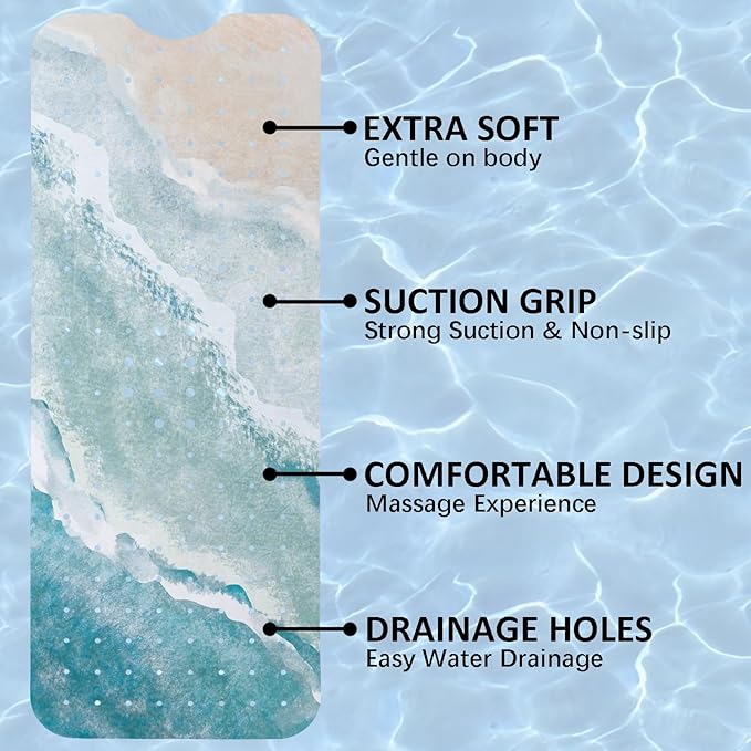 Beach Bathtub Mat Non Slip, Baby Bath Mat for Tub Rubber Tub Mat, Kids Bath Mats for Bathroom Ocean Waves Anti Slip Shower Mat with Suction and Drain Holes Machine Washable, 40″X16″ - Image 8