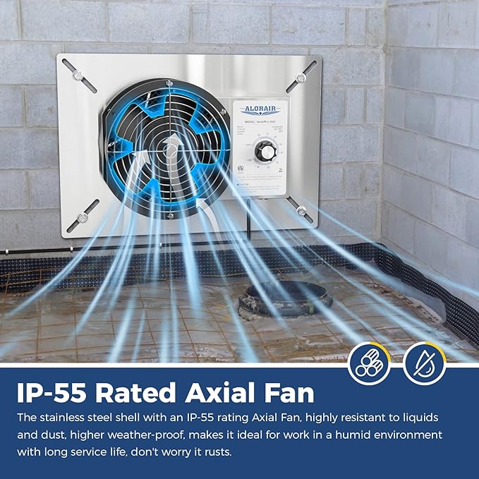 ALORAIR 260 CFM Stainless Steel Crawl Space Vent Fan - Air Out Crawlspace Ventilation Fan with Humidistat Dehumidistat, IP55 Exhaust with Isolation Mesh for Foundation Basements Garage Attic - Image 3