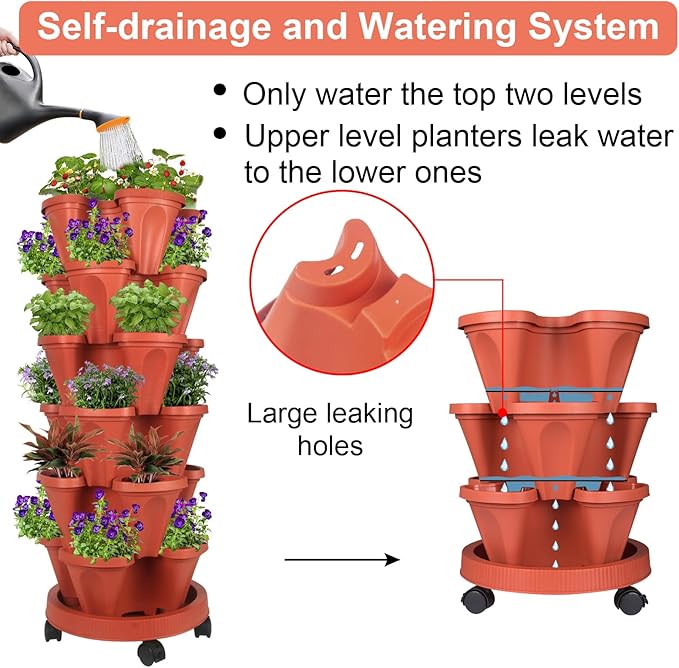 GameXcel Vertical Planter 6 Tier Stackable Planters Garden Planters Strawberry Herb Flower and Vegetable Planter Indoor Outdoor Gardening Pots with Removable Wheels and Tools - Image 4