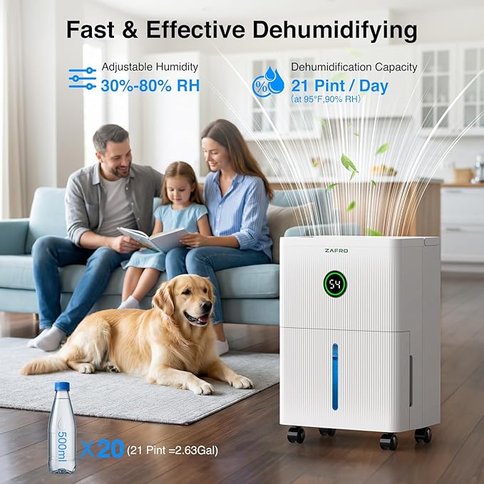 ZAFRO Dehumidifiers for Home and Basement with Drain Hose, Ultra Quiet 41dB, Energy Saving Max 21 Pints Dehumidifier with Auto or Manual Drainage, Auto Defrost, Three Modes, Dry Clothes, 24Hrs Timer - Image 2