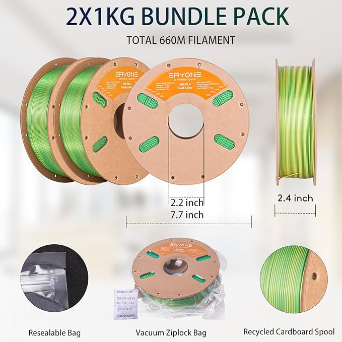 ERYONE Silk Dual Color PLA Filament 3D Printer 1.75mm +/- 0.03mm, Bicolor Filament Two Tone PLA Bundle 2KG Cardboard Spool, Yellow Green - Image 6