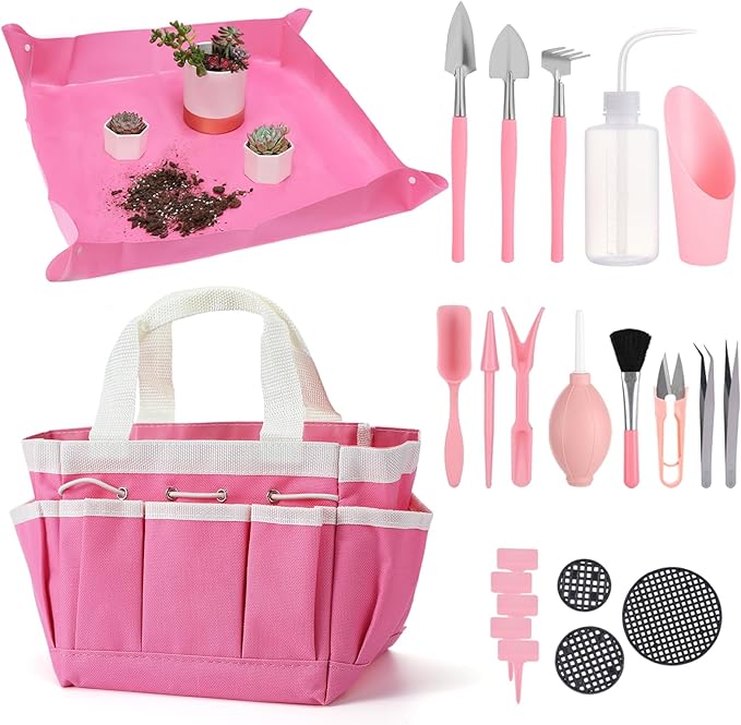 44pcs Small Gardening Tools Gifts for Women Beginners - Garden Hand Tools Set for Indoor Succulent Bonsai Plants Transplanting, Included Bag/Repotting Mat/Shovel/Labels, Pink by ANPHSIN