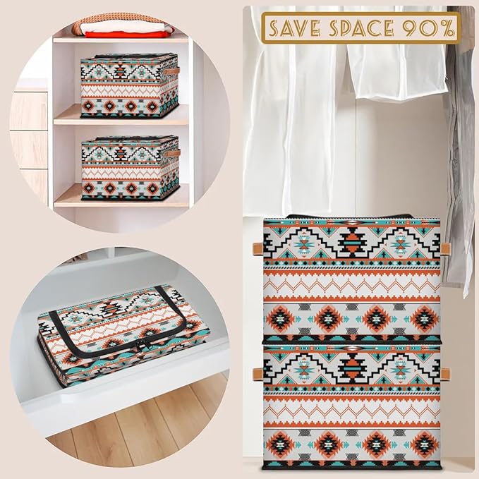 Storage Bin, Collapsible Fabric Storage Boxes with Lids for Organizing, Western Aztec Stackable Closet Organizers and Storage Cube Basket with Handle for Home, Office, Bedroom (2 PACK) - Image 7