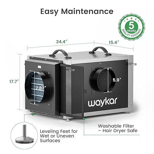 Waykar 158 Pints Crawl Space Dehumidifier with Remote Control and Pump, Dual Duct HVAC Commercial Whole-House Dehumidifier for Basement, Industry Water Damage Unit - 5-Year Quality Coverage - Image 8