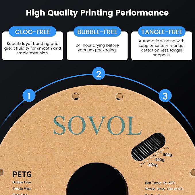 Sovol 3D Printer PETG Filament 2kg (4.4 lbs) Spool Printing Materials, Wiring Tightness, Dimensional Accuracy +/- 0.03 mm, 1.75 mm, Black + White - Image 2