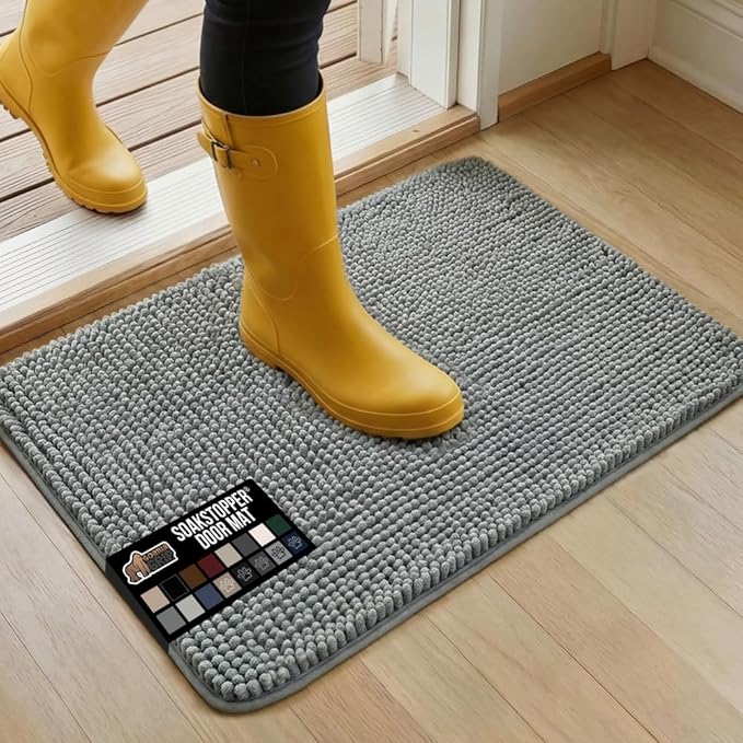 GORILLA GRIP SOAKSTOPPER Dog Door Mat, Machine Washable Rug Absorbent Doormat Captures Moisture Mud Dirt, Quick Dry Soft Chenille Entryway Rugs Indoor Entrance Mats for Dog Paws, 24x17 Grey by GorillaGrip