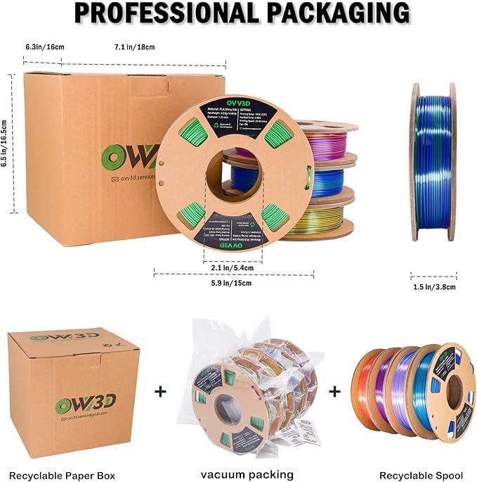OVV3D 3D Printer Filament, PLA Filament 1.75mm Bundle, Dual Color Filament, Coextrusion 3D Filament, Silk PLA Color Change Every Inch, 3D Printing Filament +/-0.02mm, 200g X 4 Spool - Image 7