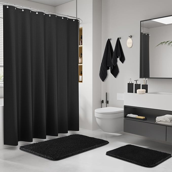 Black Bathroom Set,Black Bathroom Accessories Set with Shower Curtain and Rugs, Bath Towel Set, Natural Loofah Sponge, Soap Dispenser, Toothbrush Holder, Bathroom Tumbler and Tray for Bathroom - Image 2