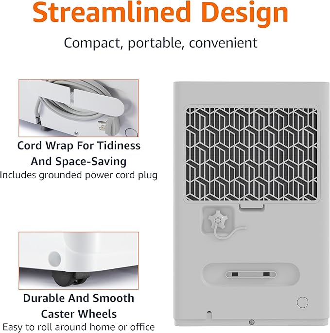 Amazon Basics 35-Pint Large Dehumidifier for Home, Energy Star Certified, Humidity Control, Auto-Defrost, Timer, Overflow Protection, for Rooms up to 2500 SFT, White - Image 6