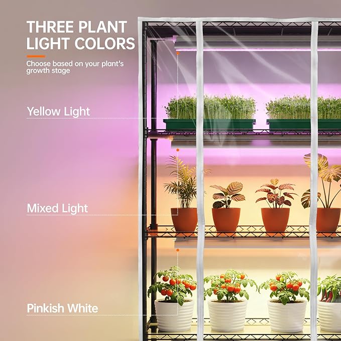 Bstrip Indoor Greenhouse with Grow Light, 5 Tier 47.2"x17.8"x71" Metal Shelf Portable Greenhouse for Winter with 4 Pack 3 Color Modes Plant Lights, Timer & Cover for Indoor Plant, Seed Starting Trays - Image 4