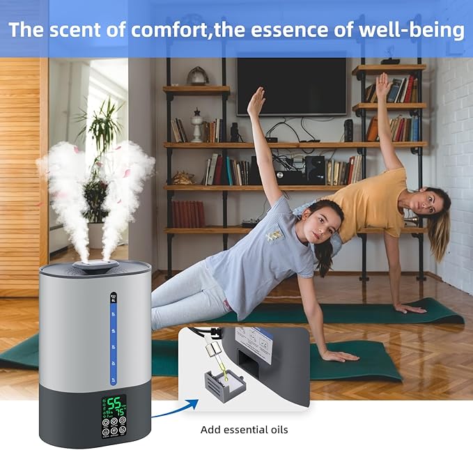 6L Humidifiers for Bedroom Large Room Home, Cool and Warm Humidifiers for Baby and Plants Mist Top Fill Desk Humidifiers Essential Oil Diffuser, Quiet with Adjustable Mist,360°Nozzle-Grey - Image 8