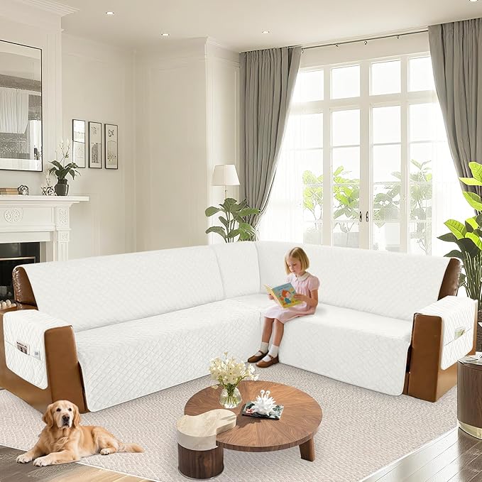 Arfntevss Waterproof Sectional Couch Covers L Shape Washable Velvet Sofa Cover for Sectional Non Slip Large Corner Slipcovers Dog 6 Pcs Universal U Shaped Furniture Protector (Cream White, X-Large) - Image 6