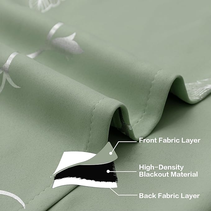BUHUA Blackout Curtains Silver Foil Print Flower Vine Grommet Drapes, Room Darkening Thermal Insulated Curtains, Noise Reducing Curtain for Bedroom, Sage Green, 52Wx72L, 2 Panels - Image 7