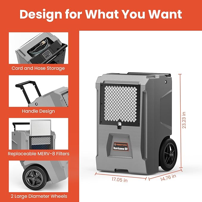 ABESTORM Hurricane DV Commercial Dehumidifiers with Pump and Drain Hose, Auto Defrosting Industrial Dehumidifiers with Wheels for Basements, Water Damage Restoration or Garages - Image 5