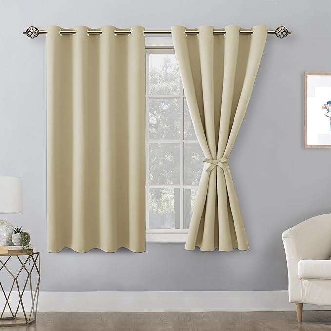 Hiasan Blackout Curtains for Bedroom, 52 x 54 Inches Long - Thermal Insulated & Light Blocking Window Curtains for Living Room, 2 Drape Panels Sewn with Tiebacks, Light Beige - Image 2