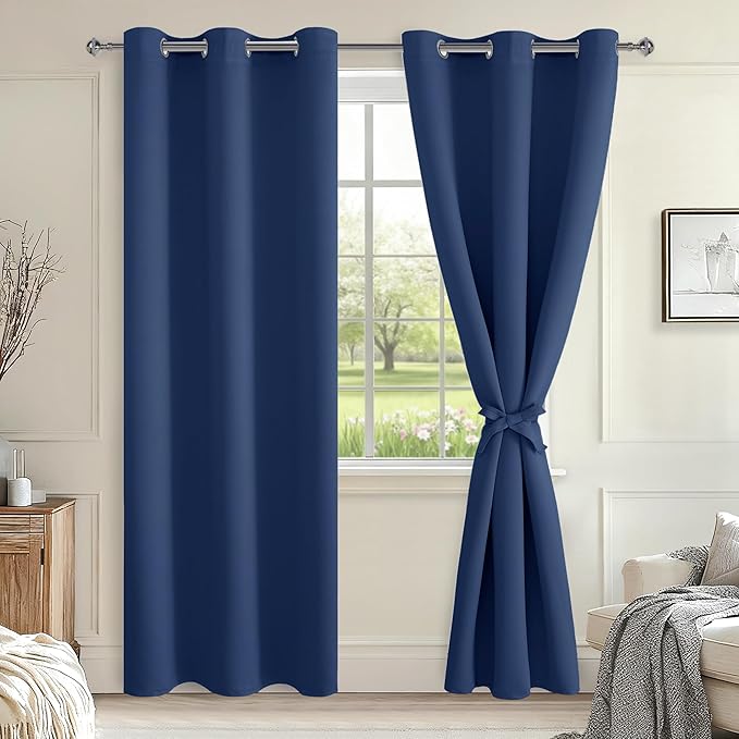 Hiasan Blackout Curtains for Bedroom, 38 x 84 Inches Long - Thermal Insulated & Energy Saving Window Curtains for Living Room, 2 Drape Panels Sewn with Tiebacks, Navy by Hiasan