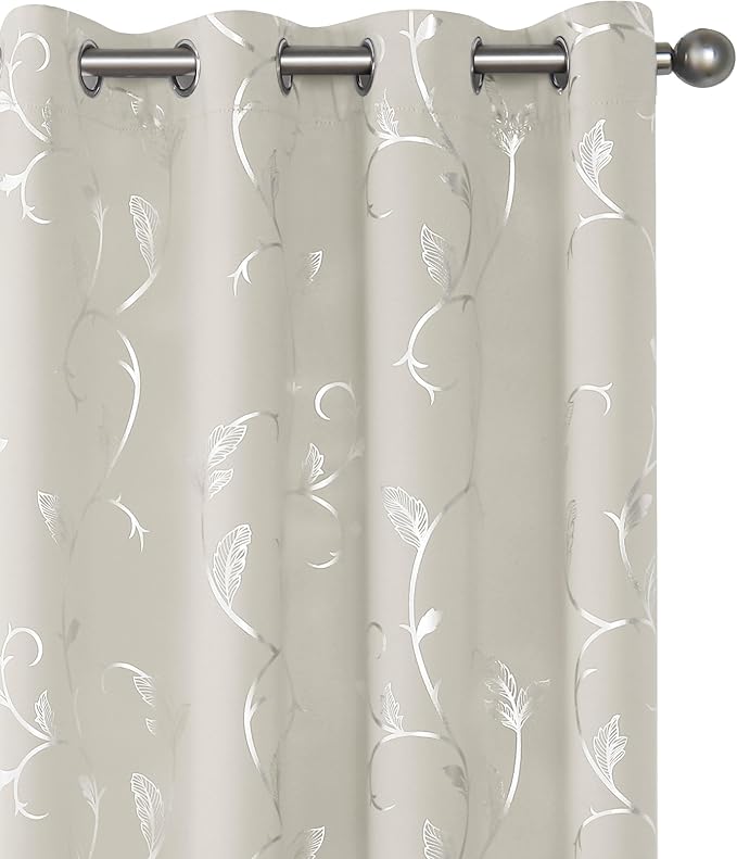 BUHUA Blackout Curtains Silver Foil Print Flower Vine Grommet Drapes, Room Darkening Thermal Insulated Curtains, Noise Reducing Curtain for Bedroom, Natural, 52Wx63L, 2 Panels by BUHUA