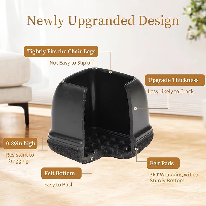Square Chair Leg Floor Protectors Large 24Pcs,Silicone Chair Leg Protectors for Hardwood Floors/Tiles,Black 360°Wrapped Felt Bottom to Prevent Scratch and Reduce Noise - Image 7