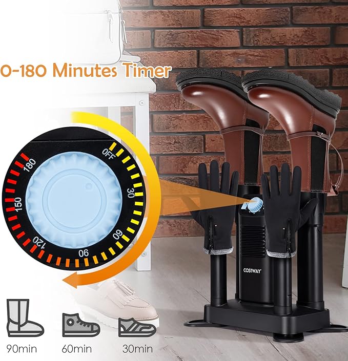 COSTWAY Boot Dryer, Shoe Dryers with 180 Mins Timer & Heating Blower, Ozone Disinfection, Extendable Design, Electric Shoe and Boot Warmer for Work Boots, Ski, Glove, Hats, Black - Image 4
