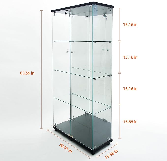 Yoluckea 4-Tier Glass Display Cabinet with Bluetooth LED Light Strip, 2-Door Floor Standing Curio Cabinet with Adjustable Feet and Mirror Back Panel, Black Glass Bookshelf for Collections, Wood Top - Image 2