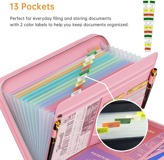 Tamfile Fireproof Accordion File Organizer with Handle, 13 Pocket Expanding File Folder with Zipper & Labels, File Folder with Multi-Pockets Paper Organizer Folder for Letter A4 Files, Pink - Image 2