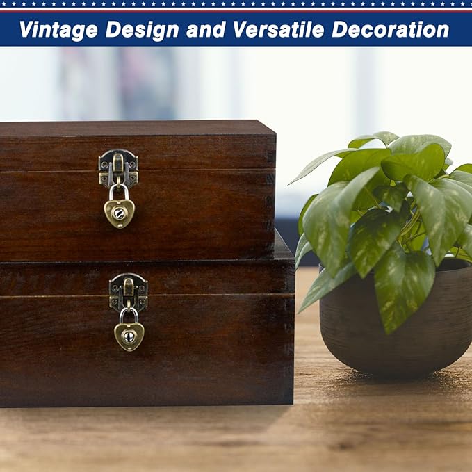 Wood Keepsake Boxes with Lock and Keys Handcrafted Decorative Wooden Storage Case Cabinet Container Hinged Lid Country Rustic Style Organizer for Trinkets Gift Card Collection Coffee Color 2 Pack - Image 8