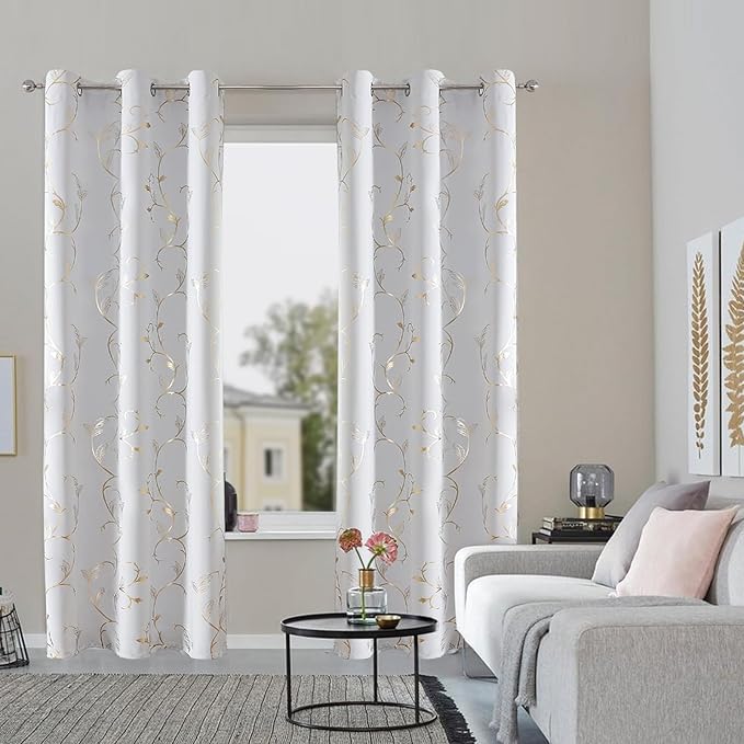 BUHUA Blackout Curtains Gold Foil Print Flower Vine Grommet Drapes, Room Darkening Thermal Insulated Curtains, Noise Reducing Blackout Curtain for Bedroom, Greyish White, 38Wx84L, 2 Panels - Image 5