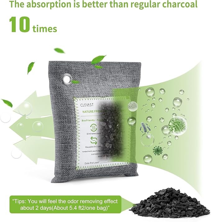 CLEVAST 14 Pack Activated Bamboo Charcoal Air Purifying Bags(2x200g, 12x50g), Natural Fresh Odor Absorber, Deodorizer and Moisture Eliminator, Air Purifier Bags for Home - Image 3