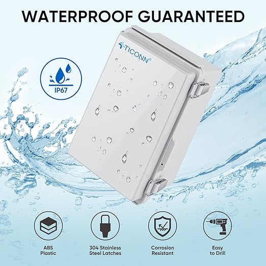 TICONN Outdoor Electrical Box Waterproof, Junction Box IP67 ABS Plastic Enclosure with Hinged Cover with Mounting Plate, Wall Brackets, Cable Glands (Off-White, 10.2"x6.3"x3.9") - Image 2