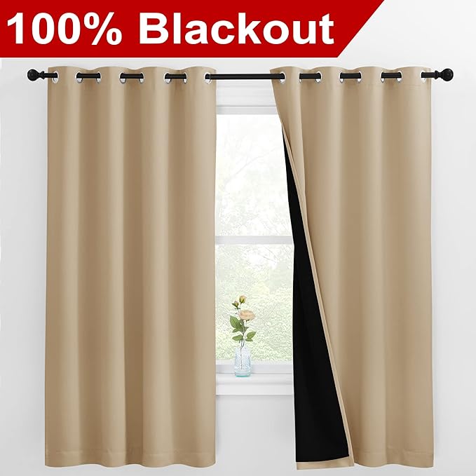NICETOWN Bedroom Full Blackout Curtain Panels, Super Thick Insulated Window Covers, Complete Blackout Draperies with Black Liner for Short Window(Biscotti Beige, Set of 2 PCs, 55 by 68-inch) - Image 2
