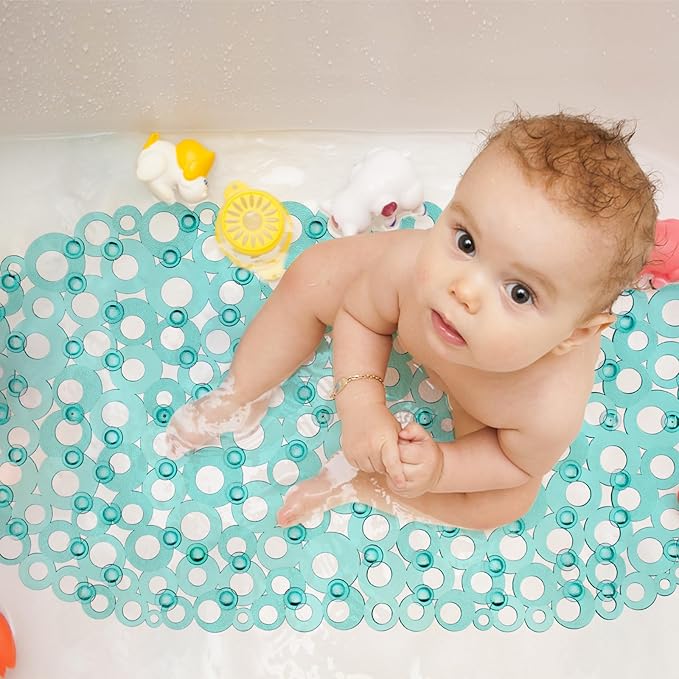 WELTRXE Oval Bathtub Mat Non Slip, Clear Teal Bubbles Bath Mats for Tub, Shower Mat with Drain Holes, Suction Cups, Machine Washable Bath Tub Mat, BPA, Latex, Phthalate Free for Bathroom, 27 x 14 Inch - Image 6