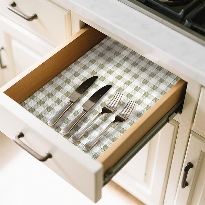Drawer Liner and Shelf Liner for Kitchen Cabinet Liner Non-Adhesive Non-Slip Shelf Paper, Thick Strong Grip Waterproof Easy to Clean for Shelves, Cupboard, Desks, Green Plaid Pattern, 23.6 in x 10 FT - Image 5