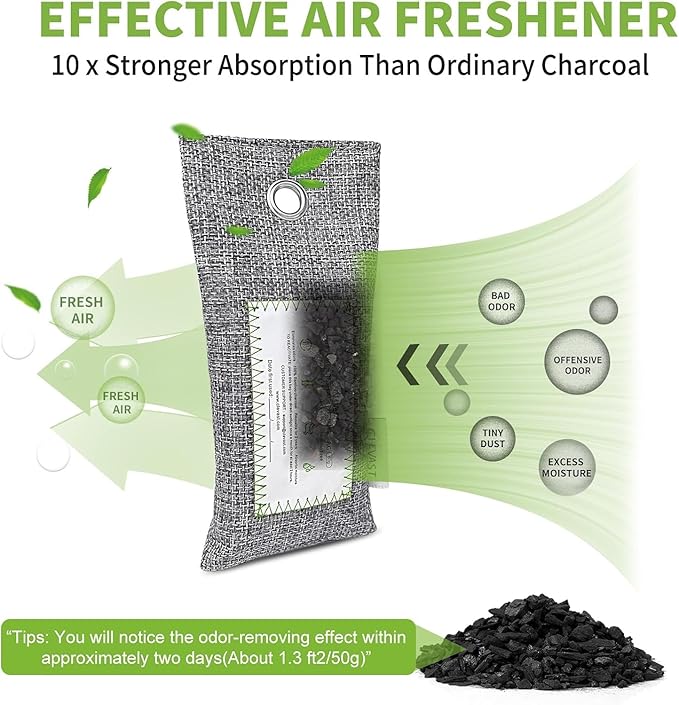 CLEVAST Activated Bamboo Charcoal Odor Absorber - 6 x 60g Air Purifying Bags Natural Fresh, Deodorizer and Moisture Eliminator for Home, Closet, Shoes, Car Air freshener Grey - Image 4